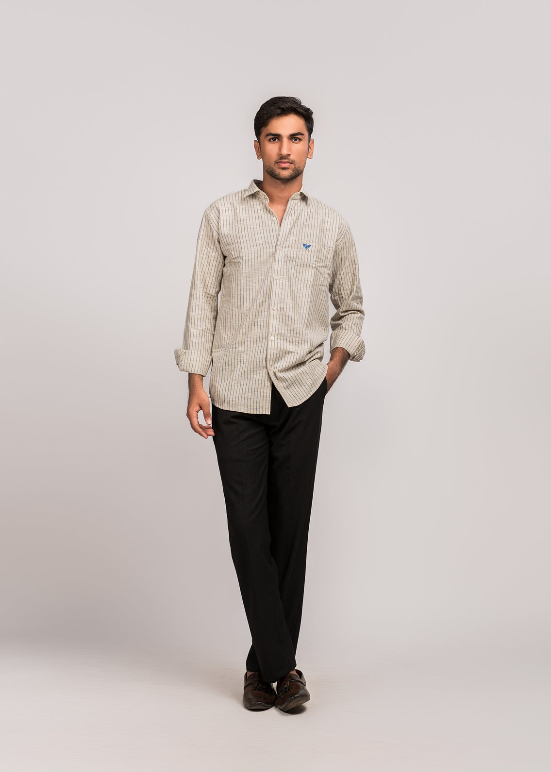 VerveLine Men’s Dual-Tone Beige with Navy Blue Striped Shirt
